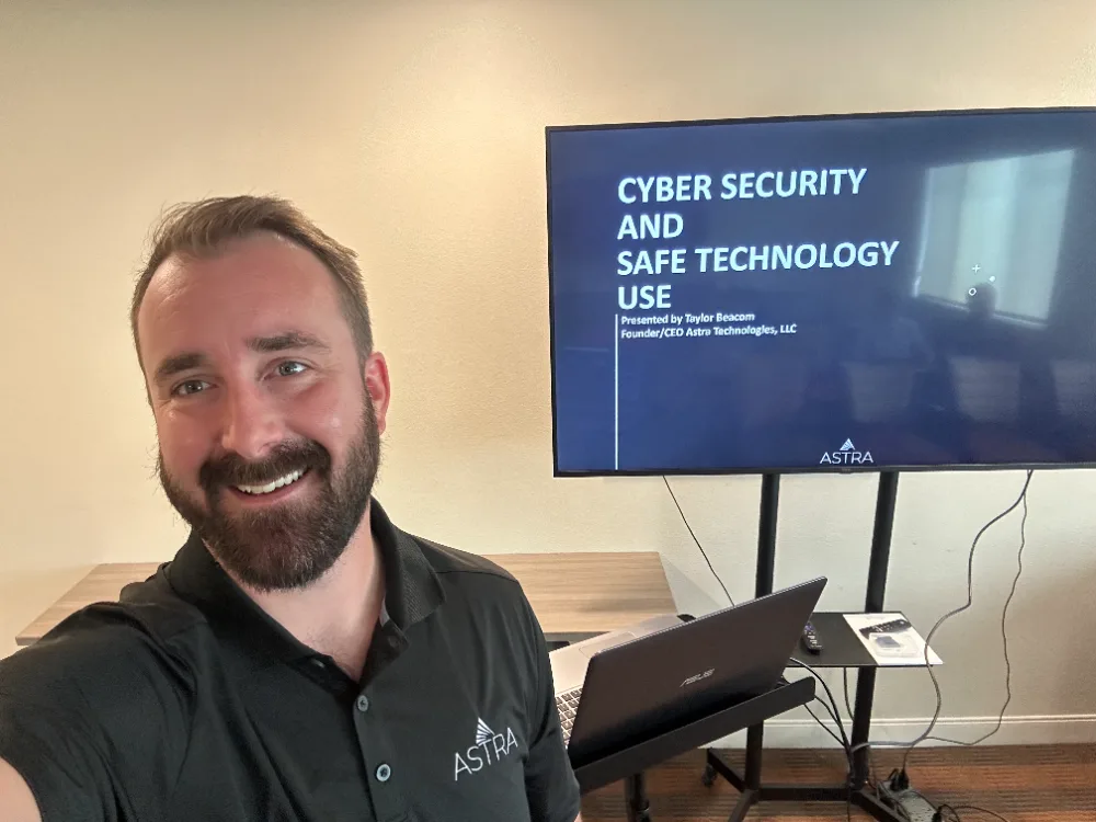 Taylor Beacom presenting on cybersecurity and safe technology use